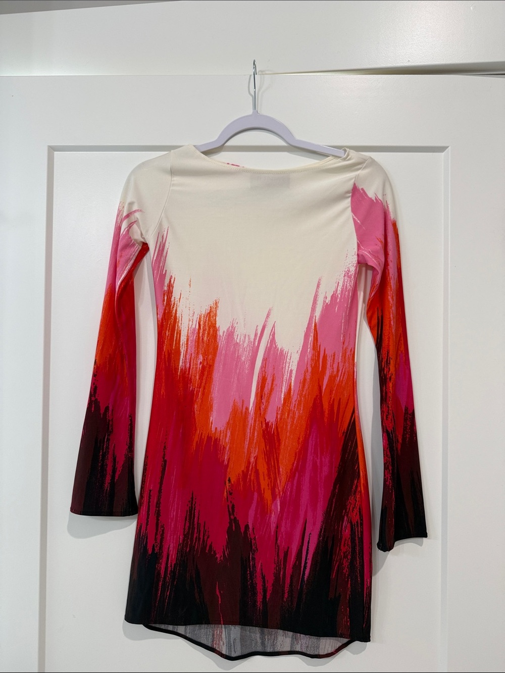 Long Sleeve Paint-Brush Print Tunic Dress - Pink & Red